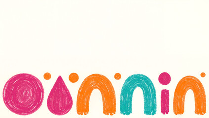 Hand-drawn crayon shapes — magenta, orange & teal on cream, preschool enrollment banner