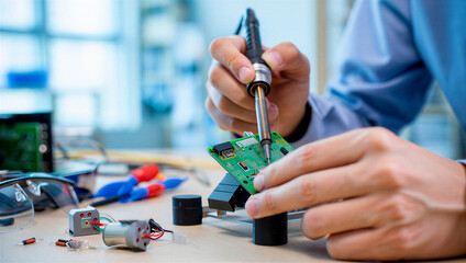 Precision Soldering Electronics: Circuit Board Repair & Assembly. Engineer Working on Tech Hardware Development