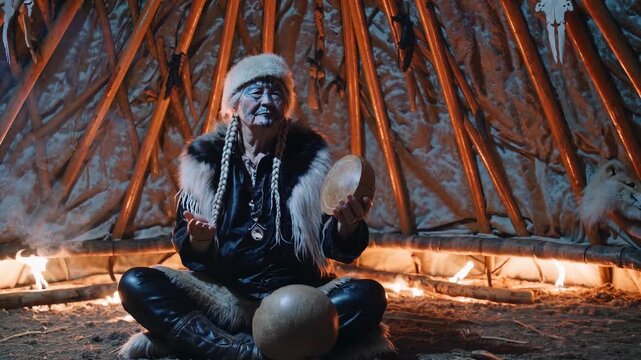 Shaman performs ritual with drum inside yurt near fire. Elder woman holds drum during ceremony in yurt. Shaman sits with ritual drum. Traditional yurt with fire. Spiritual ritual ceremony.