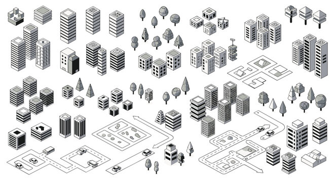 Extensive set of isometric grey scale city buildings, trees, roads, and cars for urban planning and architectural design projects.