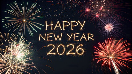 happy new year, new year's eve, silvester, new years eve, celebration greeting card, new year card - Year 2026 in sparkler font and firework fireworks pyrotechnic, isolated black night sky background