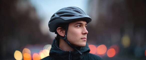 city rider in a helmet pedaling a bicycle down the street