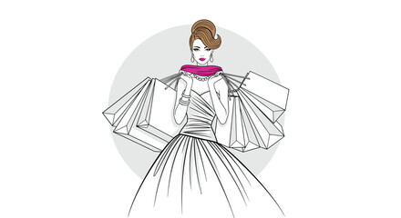 Fototapeta premium Elegant woman wearing a stylish gown and pink scarf holds numerous shopping bags after a successful luxury shopping spree.