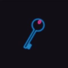 A digital blue neon key icon with a pink highlight on a dark background