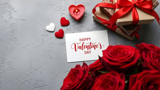 A beautiful arrangement featuring vibrant red roses a lit heart-shaped candle small decorative hearts a handwritten card and stacked gift boxes signifies romantic celebration - Powered by Adobe