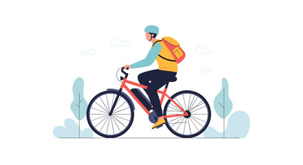 Fototapeta premium Modern delivery person riding an electric bicycle with a large orange backpack through a park setting with trees and clouds.