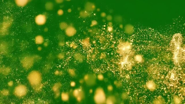 Green and Gold Glittering Background - This video displays a green backdrop sprinkled with shimmering gold particles.