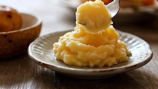 Mashed potatoes on a plate with fork