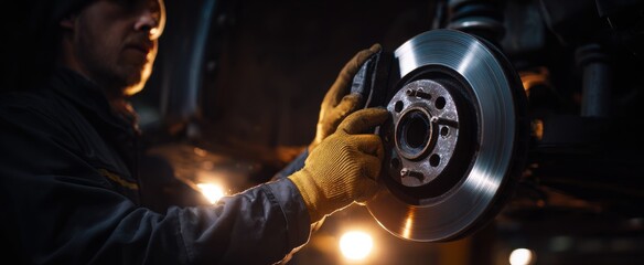 The mechanic skillfully replaces brake pads focused and determined in the bustling garage.