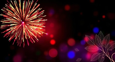 : Vibrant Firework Display. celebration, night sky, colorful explosion, festive lights, bright display, party