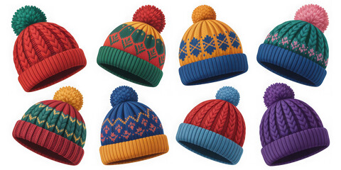 A collection of colorful knitted winter hats with pom-poms on a white background isolated on transparent background