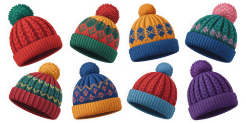A collection of colorful knitted winter hats with pom-poms on a white background isolated on transparent background
