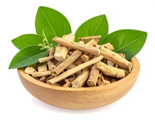 Wooden bowl filled with herbs and green leaves, white background