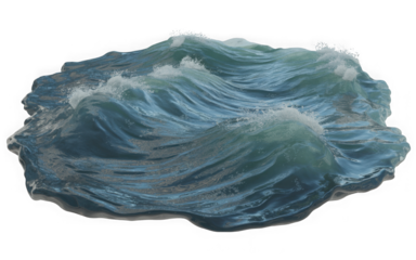 A dynamic close-up shot of turbulent blue ocean waves with white foamy crests isolated on transparent background