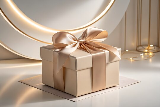 Luxury present gift box in soft beige and champagne tones with silk ribbon, refined aesthetic for premium lifestyle branding