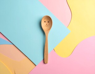Wooden spoon with a carved face resting on colorful paper shapes