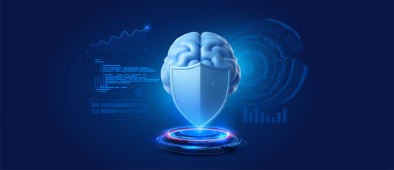 AI Brain with Shield Cybersecurity and Data Protection Concept