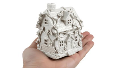 a delicate intricately detailed ceramic house with vines and a chimney is held in a human hand on transparent background high quality professional modern elegant stylish