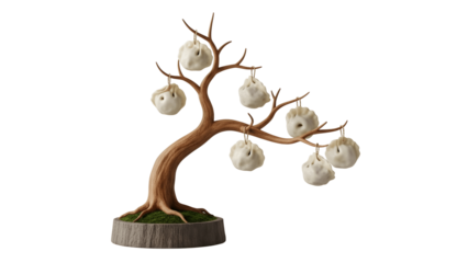a whimsical illustration depicts a stylized tree with several pod like objects hanging from its branches on transparent background high quality professional detailed modern elegant stylish