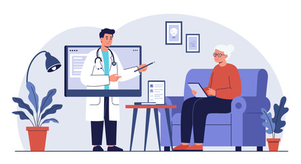 Doctor explaining medical information to an elderly patient in a comfortable living room setting with furniture and plants