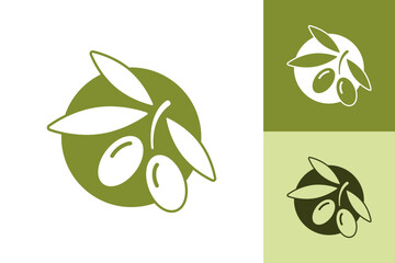 Olive products vector logo with branch in circle, monochrome silhouette isolated on white. Round icon with small twig with olives and leaves. Clipart sign for minimal design, olive food illustration