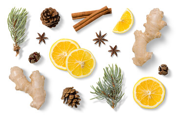 Collection of natural winter elements with fresh ginger root, sliced lemon, cinnamon, star anise, pine branches and pine cones isolated on a transparent background.  PNG ideal for food design.