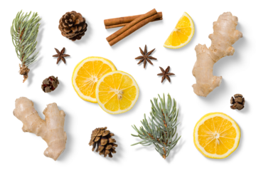 Collection of natural winter elements with fresh ginger root, sliced lemon, cinnamon, star anise, pine branches and pine cones isolated on a transparent background.  PNG ideal for food design.
