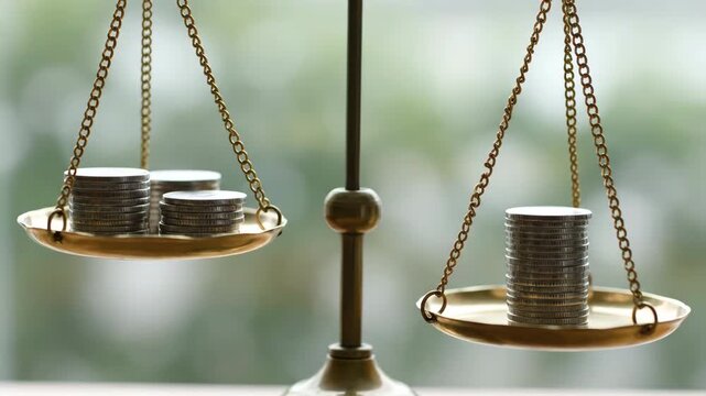 Close up of golden antique scale balancing stacks of silver coins against a blurry green backdrop representing financial balance and investment.