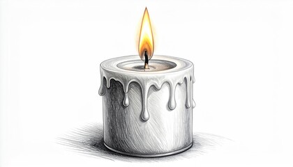 A lit candle with melting wax, rendered in black and white pencil