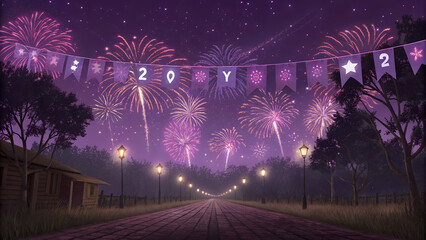 Silvester 2026, new year, new year's eve, party, new years eve background banner panorama long- purple firework fireworks display on rustic dark night sky