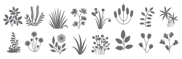  sixteen gray floral silhouettes botanical gray scale plant 