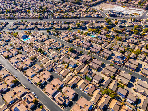 Top down aerial view of Los Angeles suburban housing blocks forming geometric residential patterns