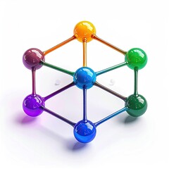 Colorful, glossy sphere structure with interconnected nodes on white background