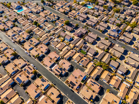 Top down aerial view of Los Angeles suburban housing blocks forming geometric residential patterns