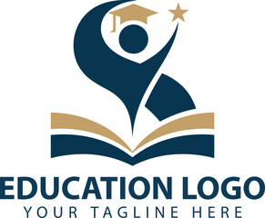 Education logo with graduation cap and star on book, academic symbol