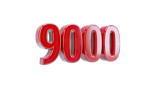 3D Number 9000 in Red Glossy 3D Render on transparent background