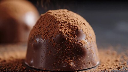 A delicious chocolate truffle being generously dusted with fine cocoa powder creating a rich and decadent dessert experience perfect for gourmet confectionery and sweet indulgence.