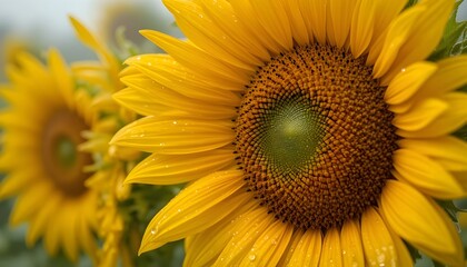 Close-Up Sunflowers Adorned With Dew Drops Sparkling In Soft Morning Light Glow Serenity