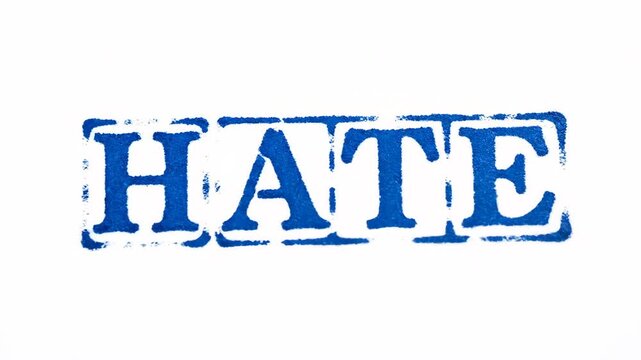 Bold blue HATE stamp on white, symbolizing strong dislike and negative emotion. Simple sign of disapproval and expression.