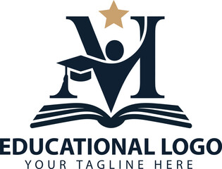 Letter M Educational logo with book and star symbol for school branding and learning institutions