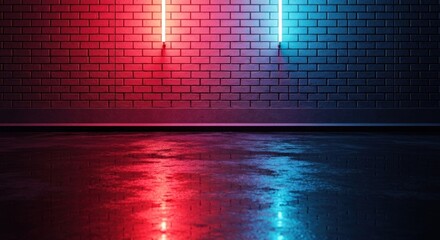 Neon brick wall, wet floor
