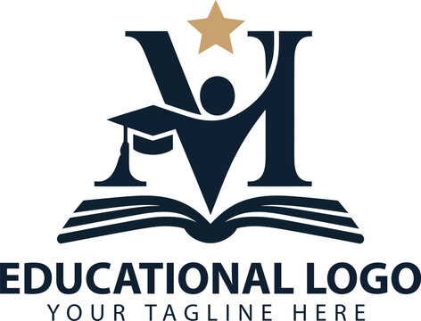 Letter M Educational logo with book and star symbol for school branding and learning institutions