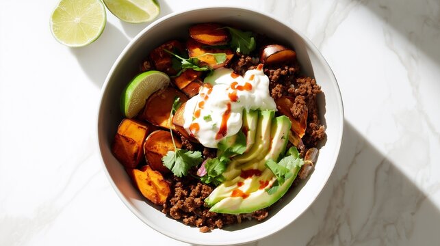 Healthy taco rice bowl with sweet potatoes, avocado, ground beef, and yogurt on marble background