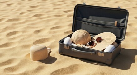 Open suitcase filled with beachwear on sandy beach