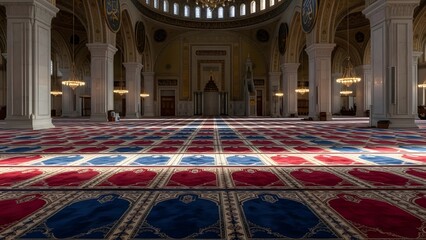 Celebrating World Religion Day in a grand mosque with intricate carpet patterns and arches