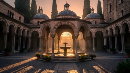 Celebrating World Religion Day in a serene courtyard with Architecture, Fountain, and tranquil Atmosphere