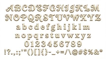 font alphabet in embossed relief style from a to z numbers punctuation isolated on white background