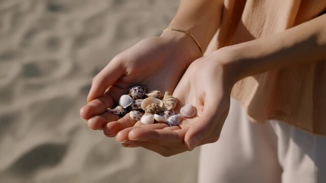 Close-up of hands holding seashells on sandy beach tropical coastal scene
