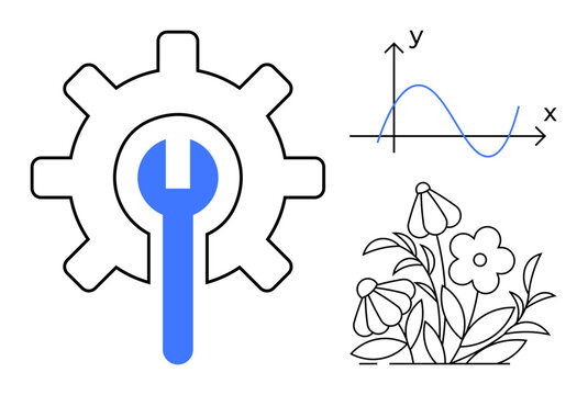 Technology, engineering, nature, science education, innovation concepts, interdisciplinary ideas. Gear and wrench icon, mathematical graph floral elements. Technology and engineering meeting nature