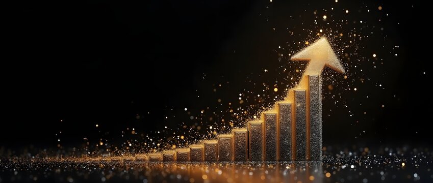Dynamic golden graph bars and arrow symbolizing exponential sustainable business growth, financial success, and market achievement in a sparkling environment.